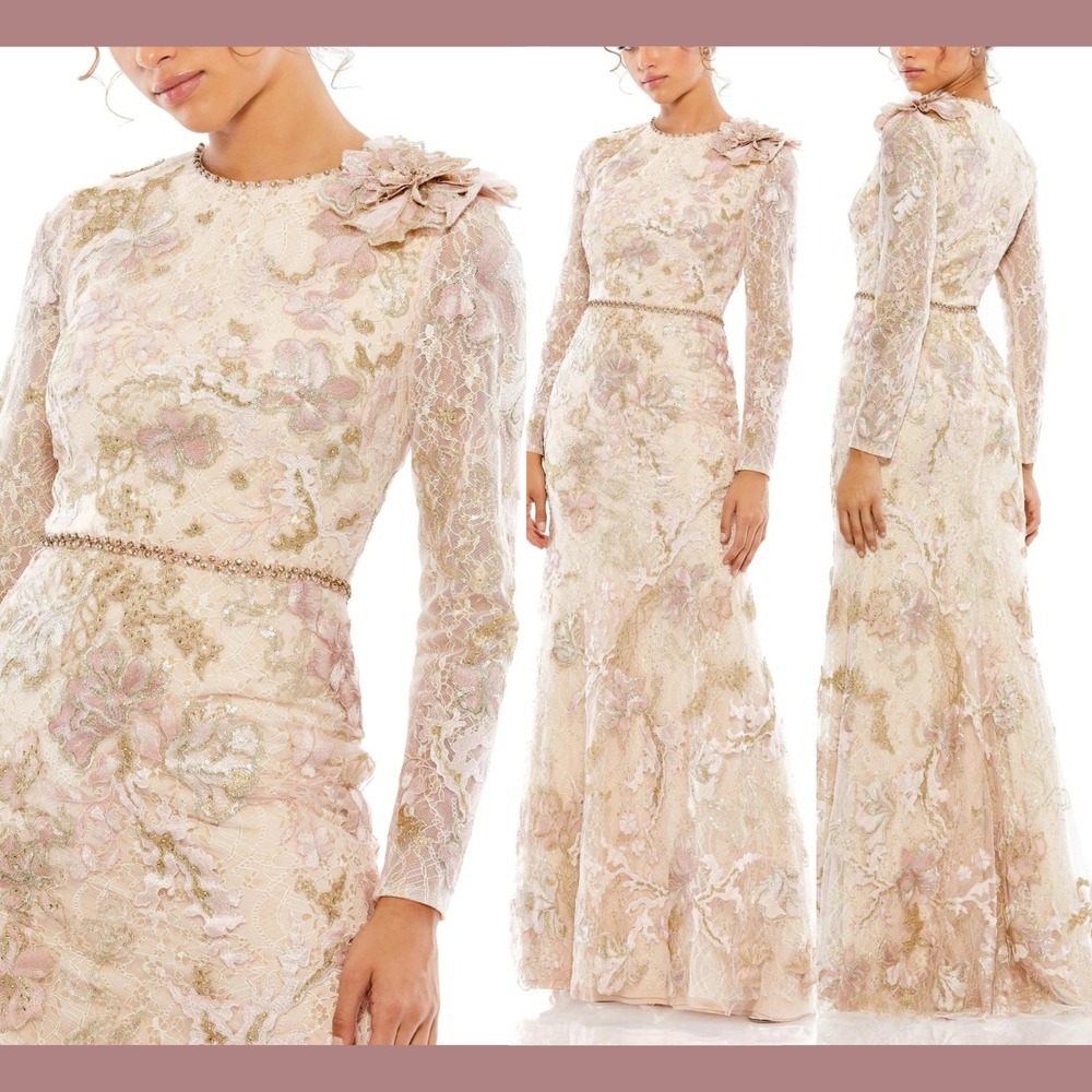 NEW Mac Duggal [‎ 16 ] 11174 Floral Embroidered Lace Trumpet Gown Blush #J2219